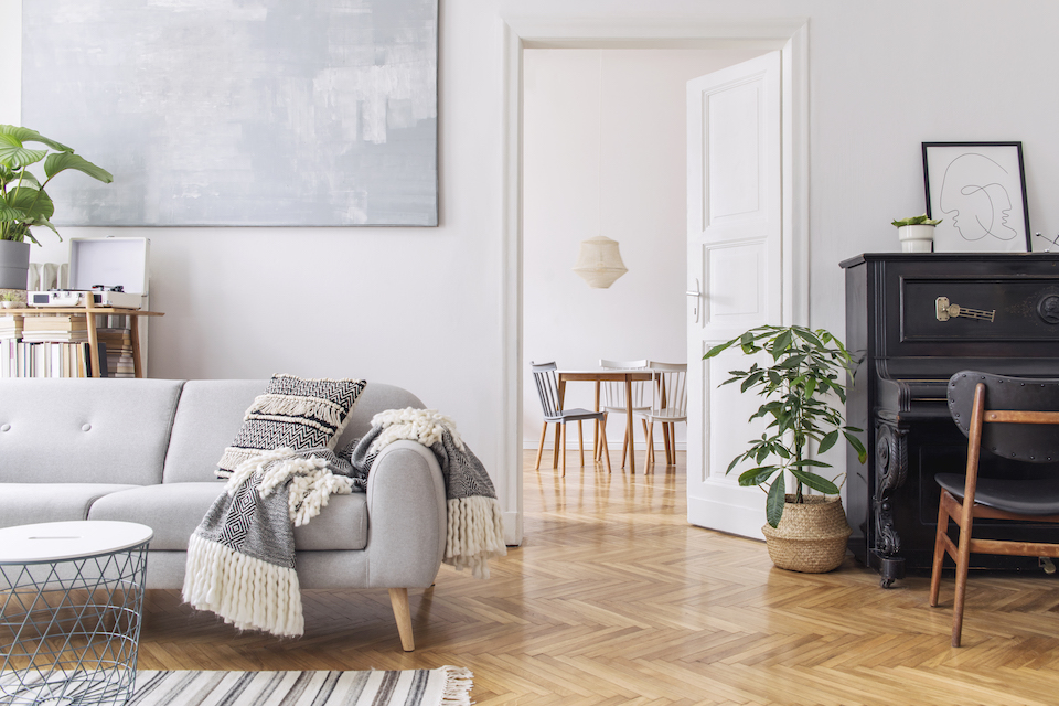 Modern scandianvian decor of living room. Concept of minimalistic interior.