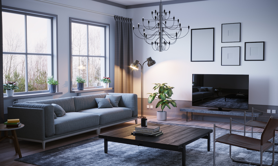 Scandinavian style designed living room interior scene on stormy weather. ( 3d render )